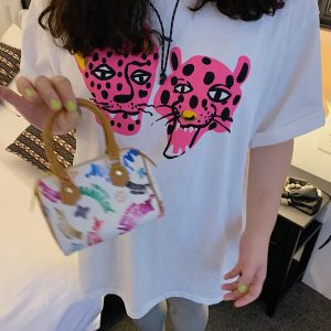 Leopard Head Printed T-Shirt for Women, Short Sleeve, Loose Mid-Length Top, Spring Summer Fashion, Casual Style, Y2K Trend
