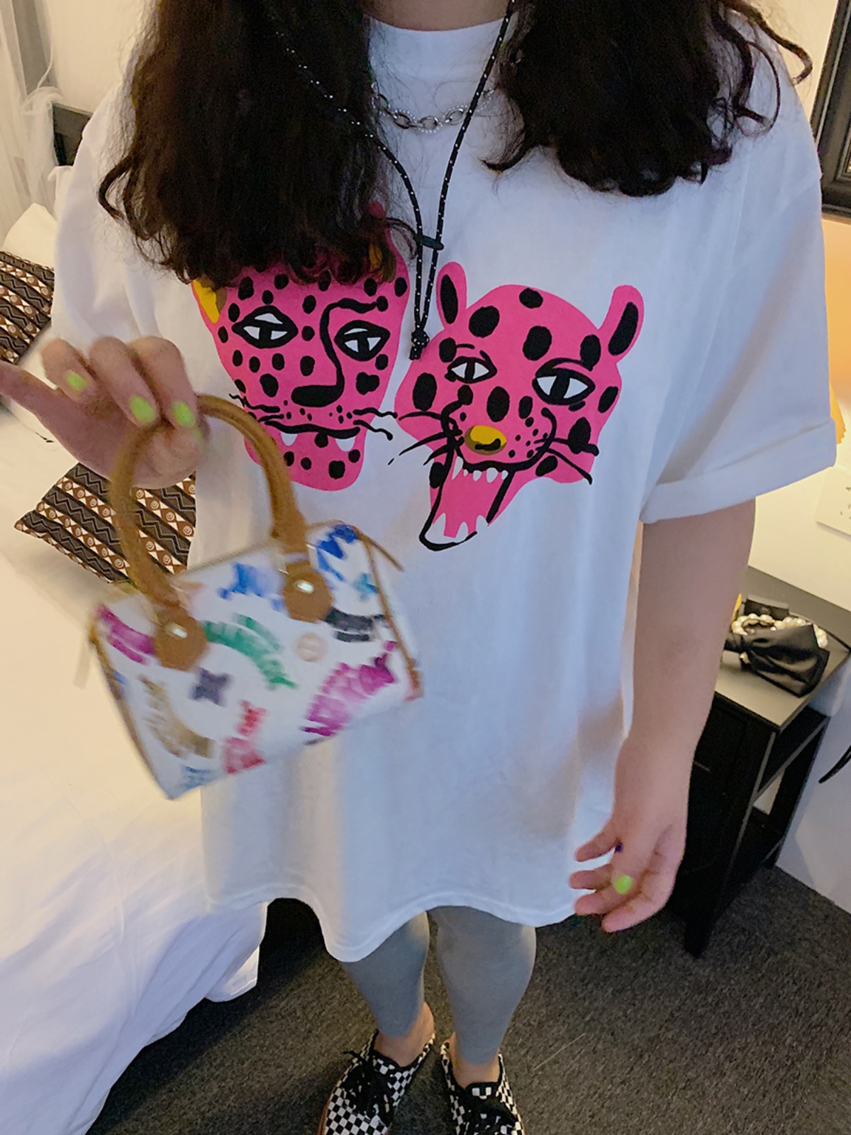 Leopard Head Printed T-Shirt for Women, Short Sleeve, Loose Mid-Length Top, Spring Summer Fashion, Casual Style, Y2K Trend Leopard Head Printed T-Shirt for Women, Short Sleeve, Loose Mid-Length Top, Spring Summer Fashion, Casual Style, Y2K Trend