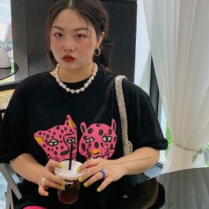 Leopard Head Printed T-Shirt for Women, Short Sleeve, Loose Mid-Length Top, Spring Summer Fashion, Casual Style, Y2K Trend