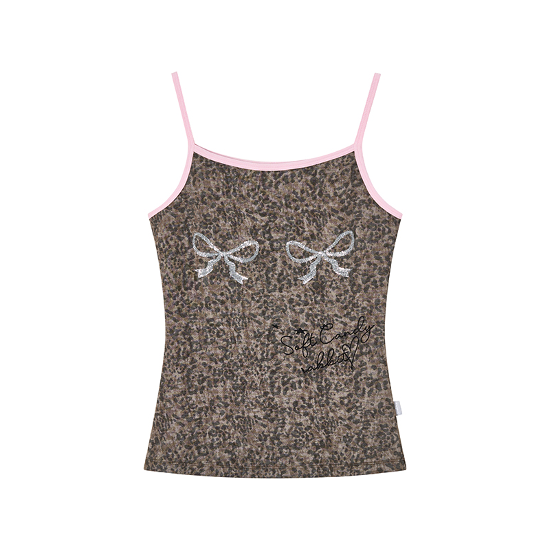 Leopard Print Bling Sequin Bow Color-Block Pink Edge Summer Camisole - Trendy Y2K Style Top for Fashionable Outfits