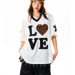 Leopard Print Heart Short Sleeve T-Shirt for Women - Summer Mesh Breathable Jersey, Loose Versatile Top, Y2K Style