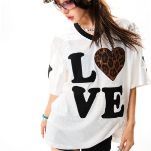Leopard Print Heart Short Sleeve T-Shirt for Women - Summer Mesh Breathable Jersey, Loose Versatile Top, Y2K Style