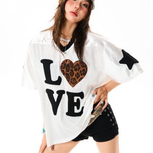 Leopard Print Heart Short Sleeve T-Shirt for Women - Summer Mesh Breathable Jersey, Loose Versatile Top, Y2K Style