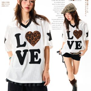 Leopard Print Heart Short Sleeve T-Shirt for Women - Summer Mesh Breathable Jersey, Loose Versatile Top, Y2K Style