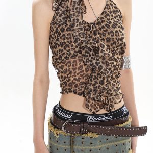 Leopard Print Sexy Mesh Ruffled Strap Tank Top - 2025 Spring/Summer Niche Fashion for Bold Style