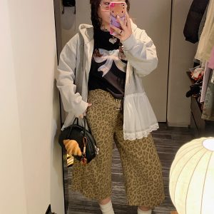 Leopard Print Wide-Leg Jeans for Women - High-Waisted Cropped Pants in Loose Lazy Style, Spring/Summer 2025 Fashion