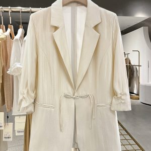 Light Beige Chinese Style Women's Suit Jacket - Thin Draped Fashionable Trendy Summer 2025 Small Suit for Elegant Looks