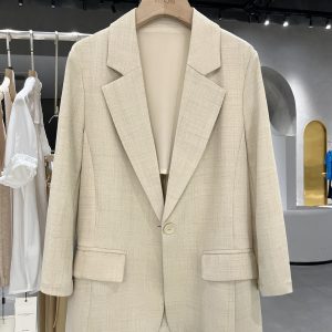 Light Beige Thin Cotton-Linen Blazer for Women - Vintage Commuting Suit Jacket, 2025 Spring Summer Fashion Essentials