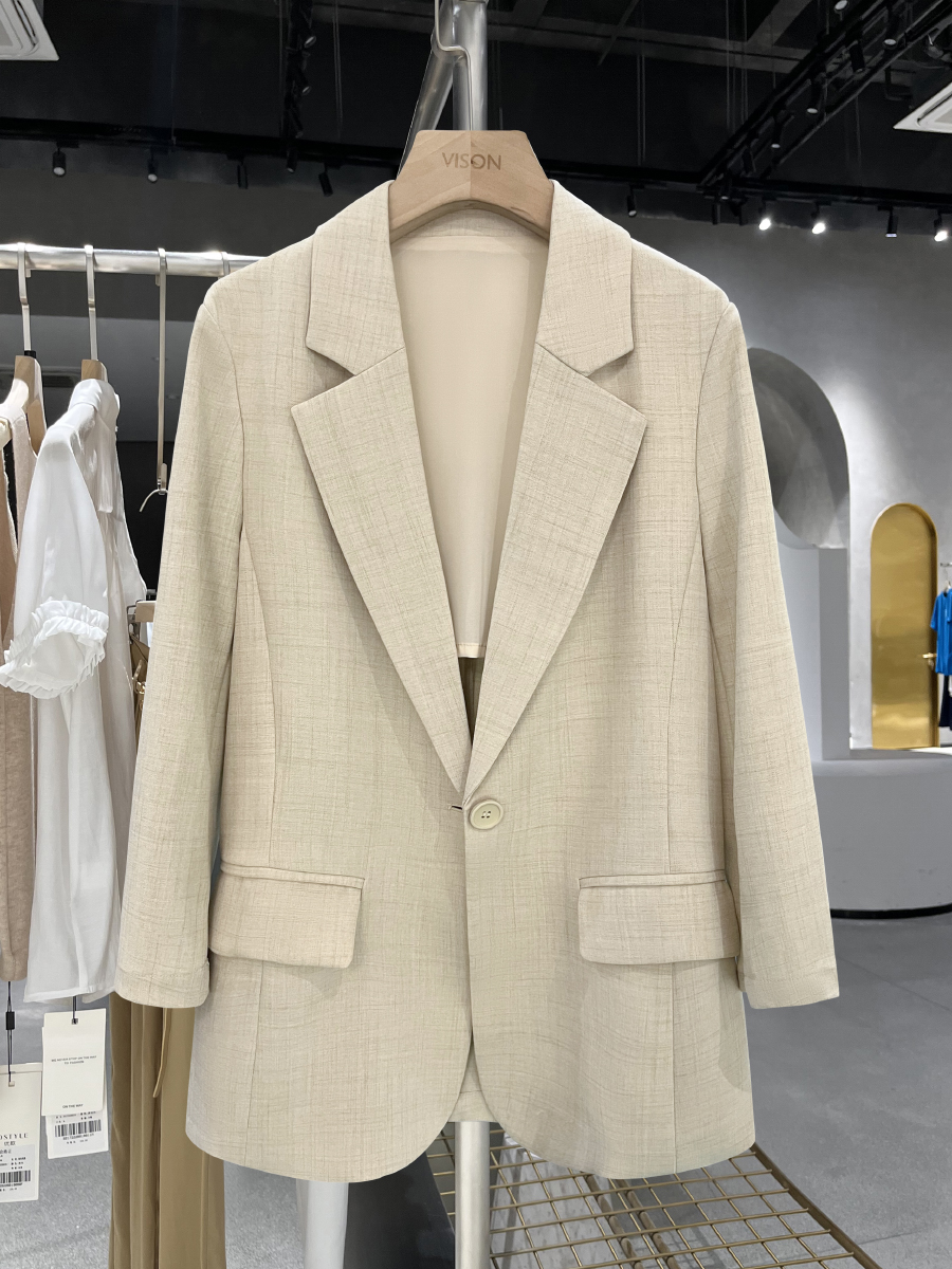 Light Beige Thin Cotton-Linen Blazer for Women - Vintage Commuting Suit Jacket, 2025 Spring Summer Fashion Essentials Light Beige Thin Cotton-Linen Blazer for Women - Vintage Commuting Suit Jacket, 2025 Spring Summer Fashion Essentials