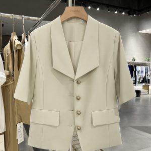 Light Beige Thin Design Blazer for Women - Vintage College Style Suit, 2025 Summer Trend, Chic and Mature Fashion