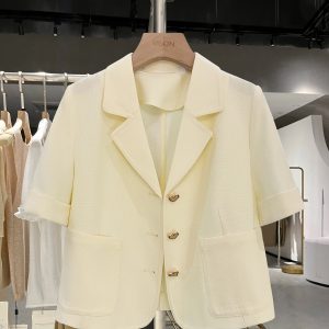 Light Beige Thin Women's Blazer Jacket - 2025 Summer New Gentle Academy Style, Chic English Fashion Outerwear