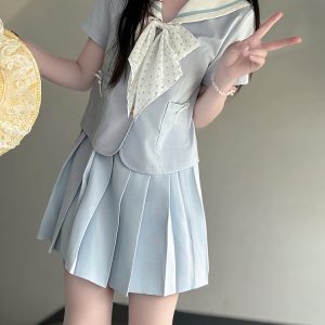 Light Blue College Style Slimming JK Uniform Bow Sailor Suit with Navy Collar and Pudding Bear Design, Y2K Fashion