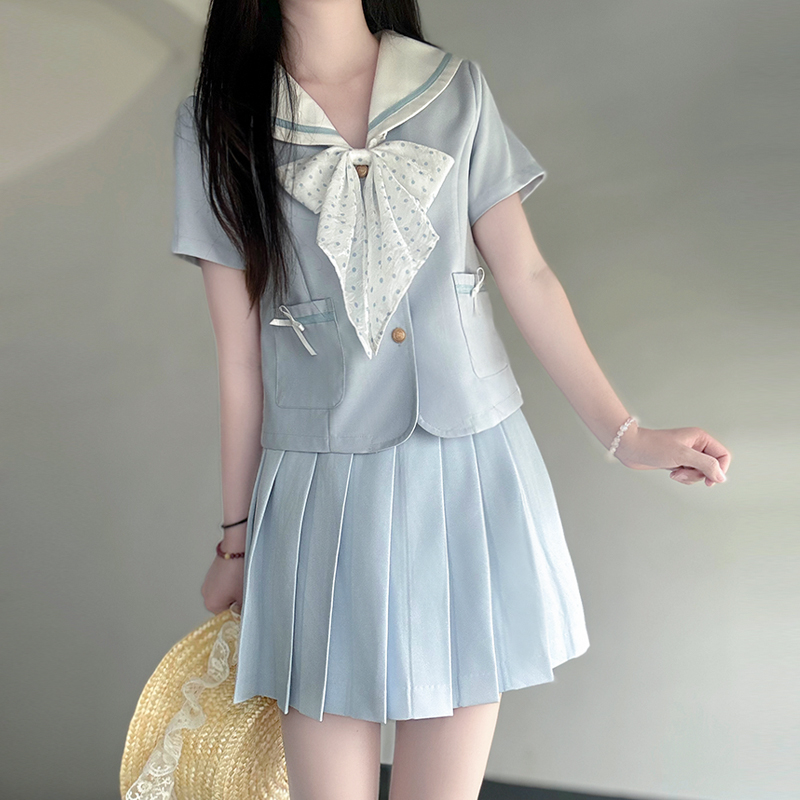 Light Blue College Style Slimming JK Uniform Bow Sailor Suit with Navy Collar and Pudding Bear Design, Y2K Fashion