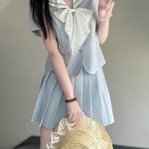 Light Blue College Style Slimming JK Uniform Bow Sailor Suit with Navy Collar and Pudding Bear Design, Y2K Fashion