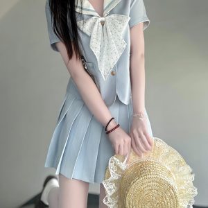 Light Blue College Style Slimming JK Uniform Bow Sailor Suit with Navy Collar and Pudding Bear Design, Y2K Fashion
