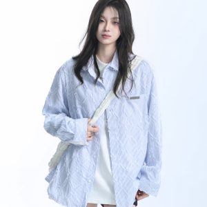 Light Blue Diamond-Patterned Brushed Long Sleeve Shirt for Women - Unique Loose Fit, Chic Casual Style