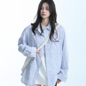 Light Blue Diamond-Patterned Brushed Long Sleeve Shirt for Women - Unique Loose Fit, Chic Casual Style