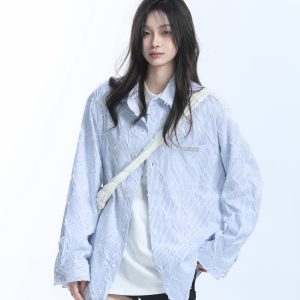 Light Blue Diamond-Patterned Brushed Long Sleeve Shirt for Women - Unique Loose Fit, Chic Casual Style
