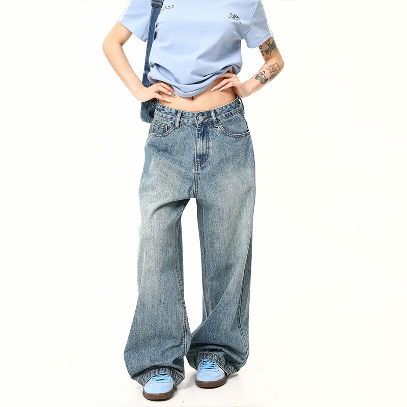 Light Blue Heavyweight Retro Jeans for Men and Women - Loose Straight Wide-Leg Long Pants, Trendy 90s American Style