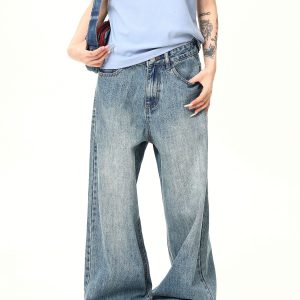 Light Blue Heavyweight Retro Jeans for Men and Women - Loose Straight Wide-Leg Long Pants, Trendy 90s American Style