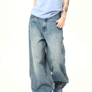 Light Blue Heavyweight Retro Jeans for Men and Women - Loose Straight Wide-Leg Long Pants, Trendy 90s American Style