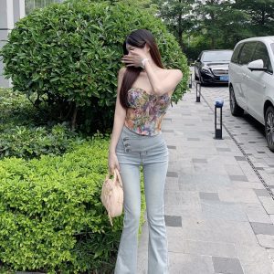 Light Blue High-Waisted Denim Flared Pants for Women - Summer Slim Fit Tapered Style, Y2K Inspired Fashion