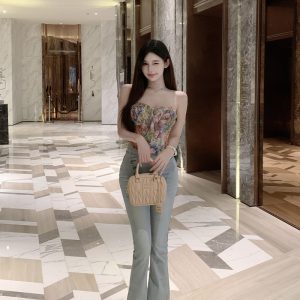 Light Blue High-Waisted Denim Flared Pants for Women - Summer Slim Fit Tapered Style, Y2K Inspired Fashion