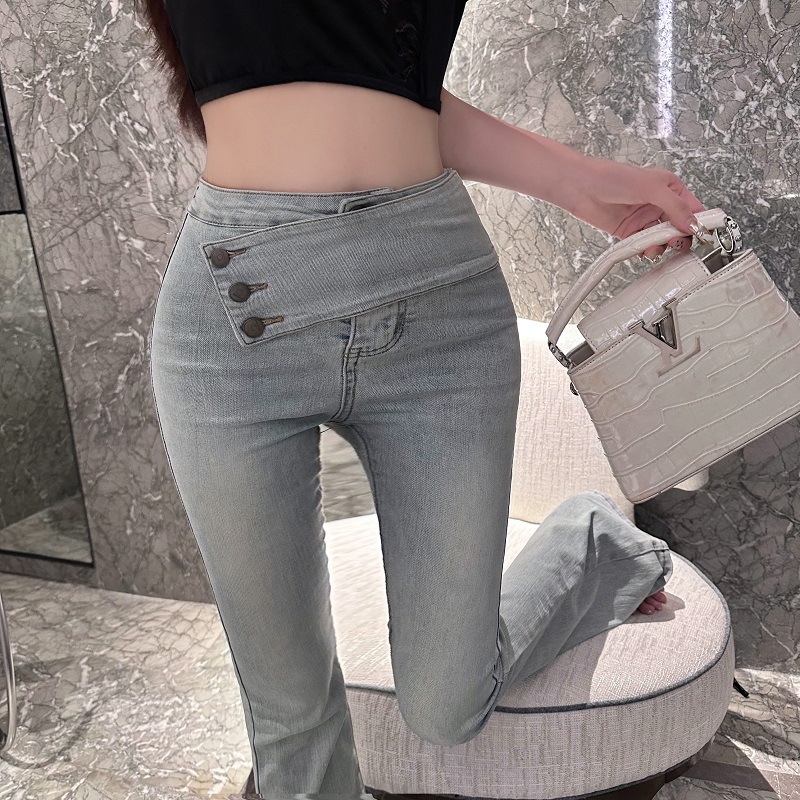 Light Blue High-Waisted Denim Flared Pants for Women - Summer Slim Fit Tapered Style, Y2K Inspired Fashion