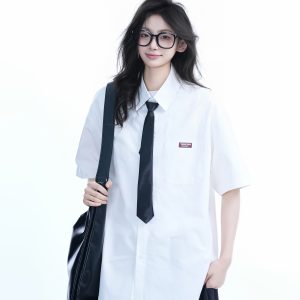 Light Blue Korean-Style Short Sleeve Shirt for Women - Summer Loose Fit Casual College Top with Quote Design