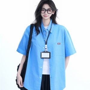 Light Blue Korean-Style Short Sleeve Shirt for Women - Summer Loose Fit Casual College Top with Quote Design