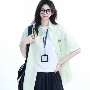 Light Blue Korean-Style Short Sleeve Shirt for Women - Summer Loose Fit Casual College Top with Quote Design