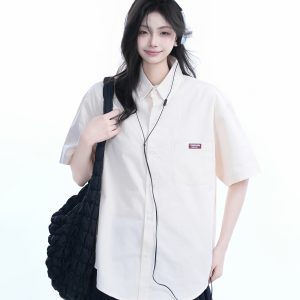 Light Blue Korean-Style Short Sleeve Shirt for Women - Summer Loose Fit Casual College Top with Quote Design