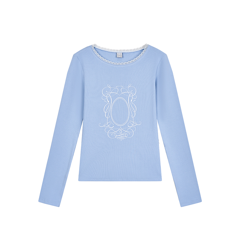 Light Blue Lace Trim Ballet-Style Round Neck Long Sleeve Women's T-Shirt - Vintage-Inspired, Y2K Fashion Top