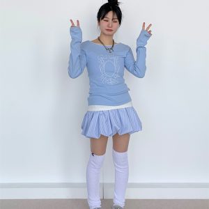 Light Blue Lace Trim Ballet-Style Round Neck Long Sleeve Women's T-Shirt - Vintage-Inspired, Y2K Fashion Top