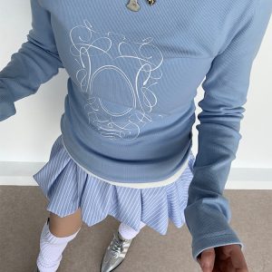 Light Blue Lace Trim Ballet-Style Round Neck Long Sleeve Women's T-Shirt - Vintage-Inspired, Y2K Fashion Top