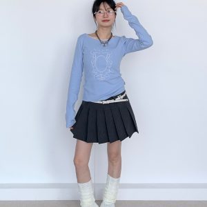 Light Blue Lace Trim Ballet-Style Round Neck Long Sleeve Women's T-Shirt - Vintage-Inspired, Y2K Fashion Top