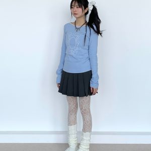 Light Blue Lace Trim Ballet-Style Round Neck Long Sleeve Women's T-Shirt - Vintage-Inspired, Y2K Fashion Top