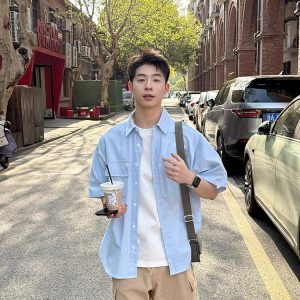 Light Blue Multi-Pocket Short Sleeve Shirt for Men and Women - Casual Loose Summer Workwear Top