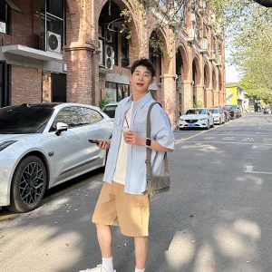 Light Blue Multi-Pocket Short Sleeve Shirt for Men and Women - Casual Loose Summer Workwear Top