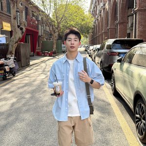 Light Blue Multi-Pocket Short Sleeve Shirt for Men and Women - Casual Loose Summer Workwear Top