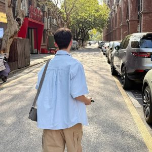 Light Blue Multi-Pocket Short Sleeve Shirt for Men and Women - Casual Loose Summer Workwear Top