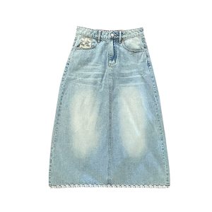 Light Blue Retro Denim Lace High-Waisted Skirt - Women's Summer Loose Long Skirt, Vintage Inspired, Casual Floral Style