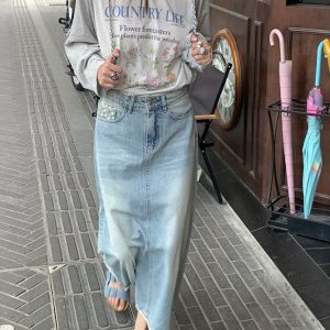 Light Blue Retro Denim Lace High-Waisted Skirt - Women's Summer Loose Long Skirt, Vintage Inspired, Casual Floral Style