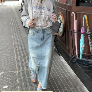 Light Blue Retro Denim Lace High-Waisted Skirt - Women's Summer Loose Long Skirt, Vintage Inspired, Casual Floral Style