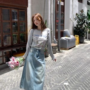 Light Blue Retro Denim Lace High-Waisted Skirt - Women's Summer Loose Long Skirt, Vintage Inspired, Casual Floral Style