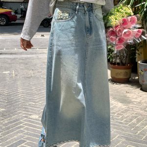 Light Blue Retro Denim Lace High-Waisted Skirt - Women's Summer Loose Long Skirt, Vintage Inspired, Casual Floral Style