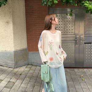 Light Blue Retro Denim Lace High-Waisted Skirt - Women's Summer Loose Long Skirt, Vintage Inspired, Casual Floral Style