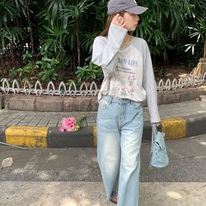 Light Blue Retro Distressed Straight Leg Jeans for Women - Vintage Summer Loose High Waist Daisy Print Pants