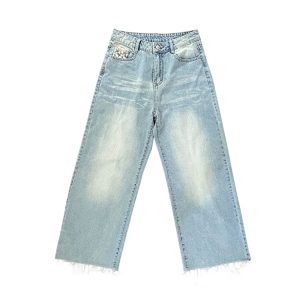 Light Blue Retro Distressed Straight Leg Jeans for Women - Vintage Summer Loose High Waist Daisy Print Pants