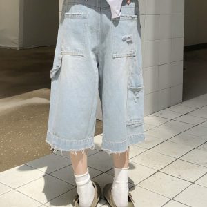 Light Blue Ripped Cropped Jeans for Men & Women - Retro American Style Summer Hip-Hop Loose Shorts Trend